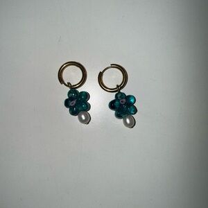 Gold Hoop Earrings with Teal Flower and Pearl